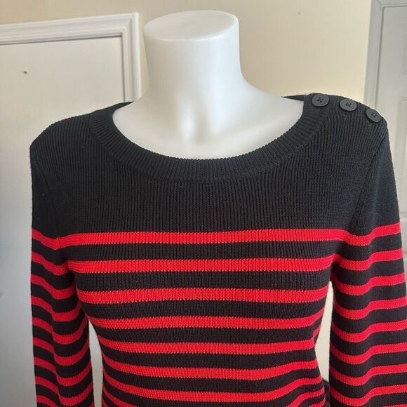 Frame Button Shoulder Stripe Red Black Merino Wool Thick Knit Sweater small - Picture 4 of 7